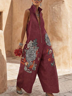 Retro Floral Print Zip-front Wide-leg Cotton-linen Jumpsuit