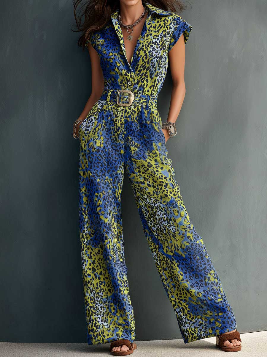 Women's Leopard Print Lapel Short-sleeve Casual Loose Cotton-linen Wide-leg Jumpsuit