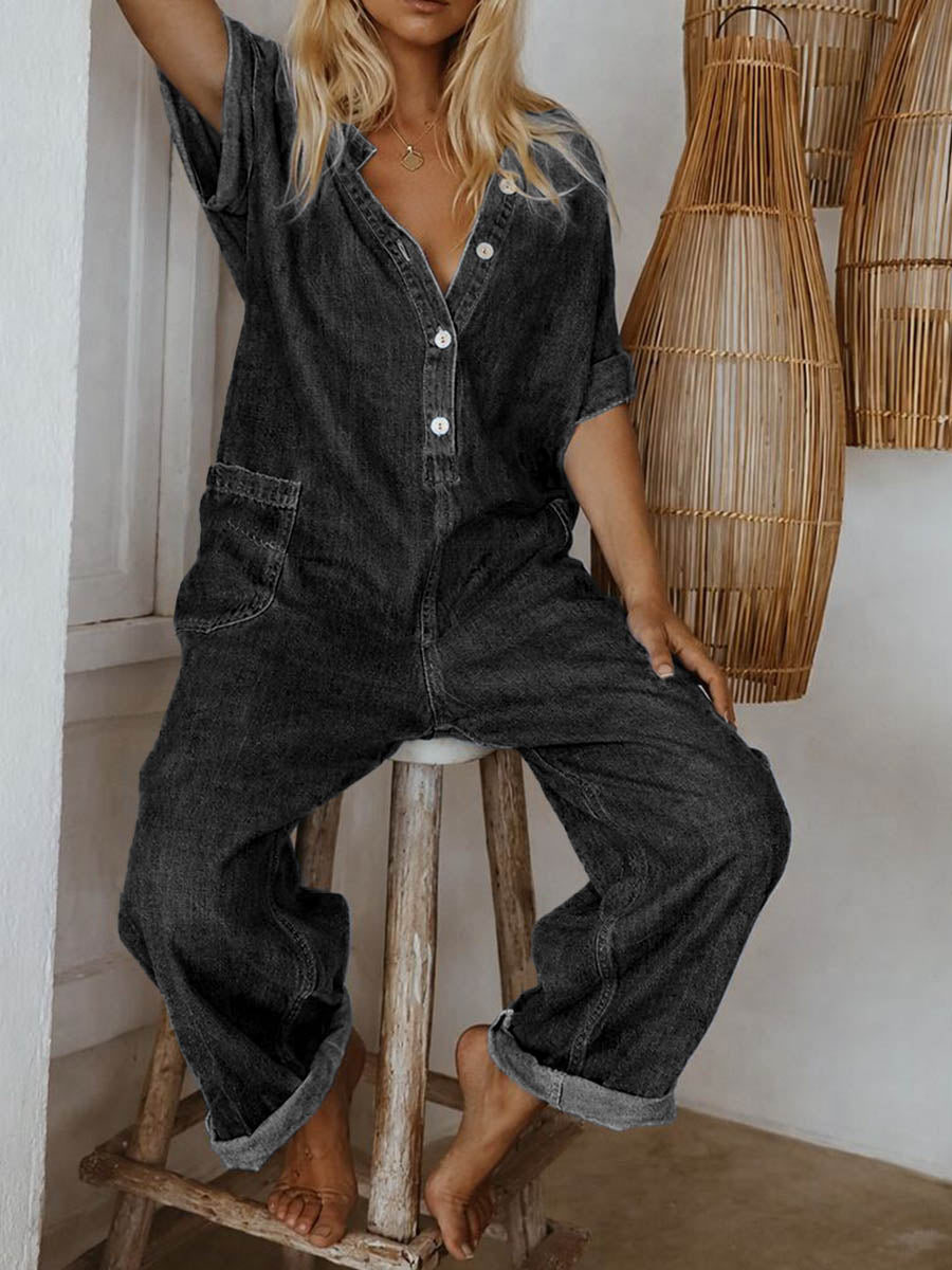 Women's Round Neck Short-sleeved Casual Loose Denim Wide-leg Jumpsuit