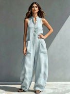 Classic Striped Loose-fit Cotton-linen Jumpsuit