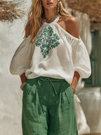 Women's Casual Vacation Embroidered White Halter Top And Green Wide-leg Pants Set