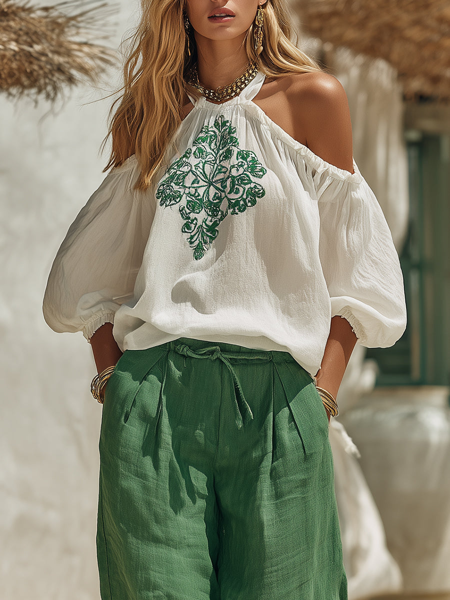 Women's Casual Vacation Embroidered White Halter Top And Green Wide-leg Pants Set