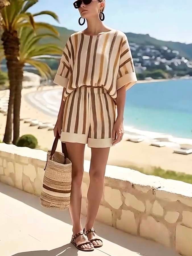 Women'S Loose Striped Holiday Shorts Set
