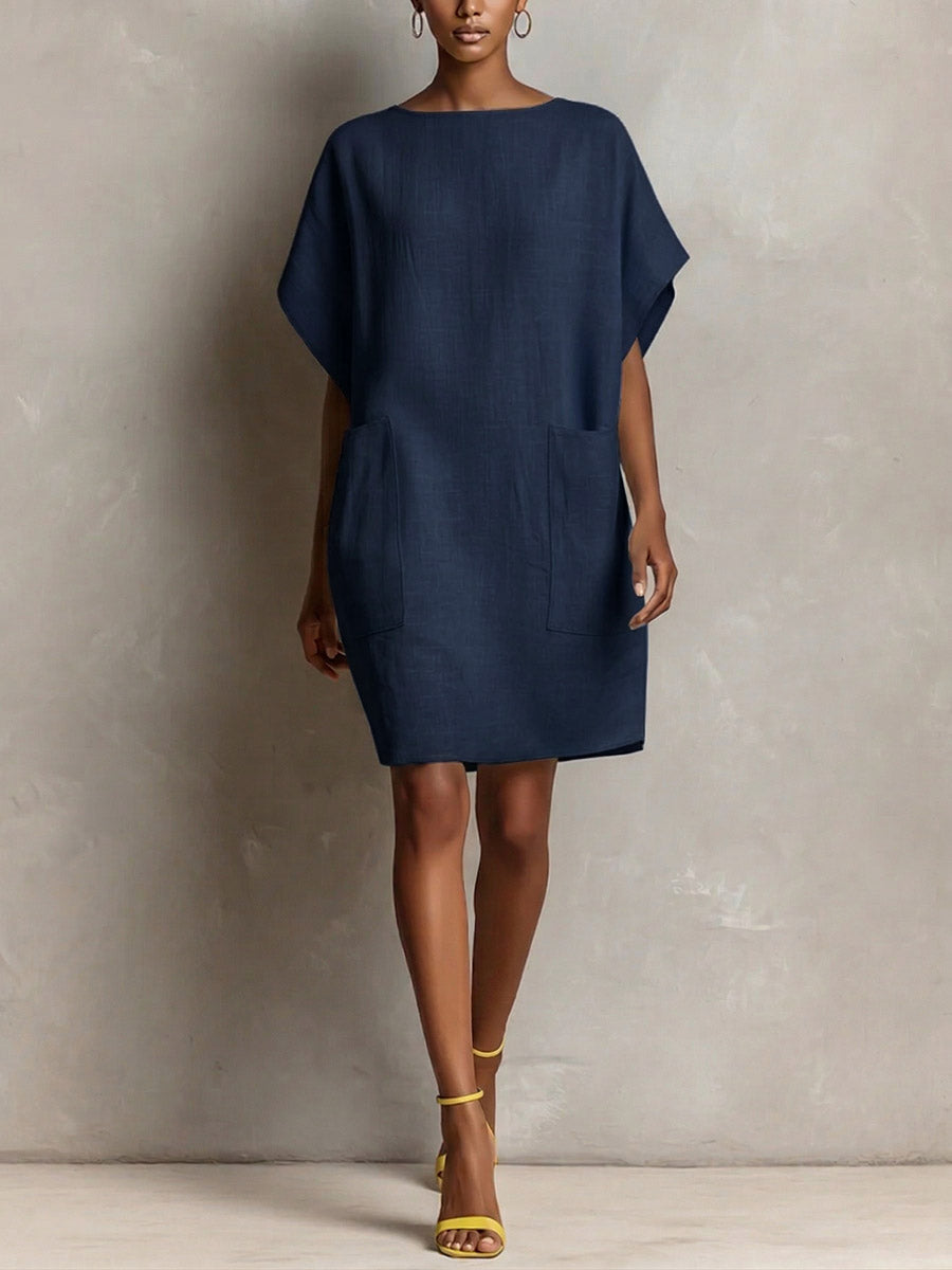 Women's Casual Loose-fit Round-neck Short-sleeve Cotton-linen Dress