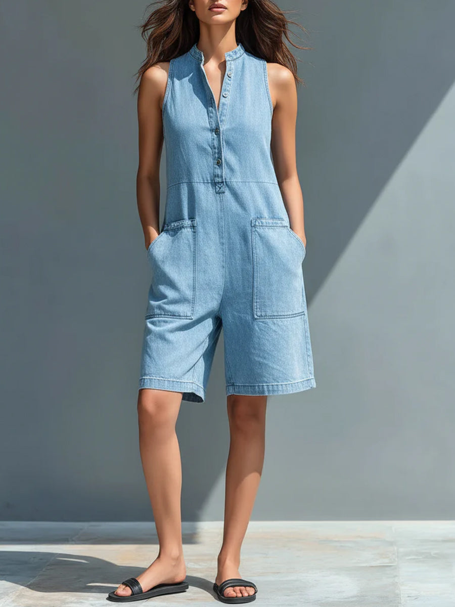 Casual Sleeveless Denim Jumpsuit Shorts