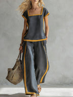 Women's Square Neck Short Sleeve Casual Loose Top High Waist Casual Loose Wide Leg Pants Cotton Linen Set