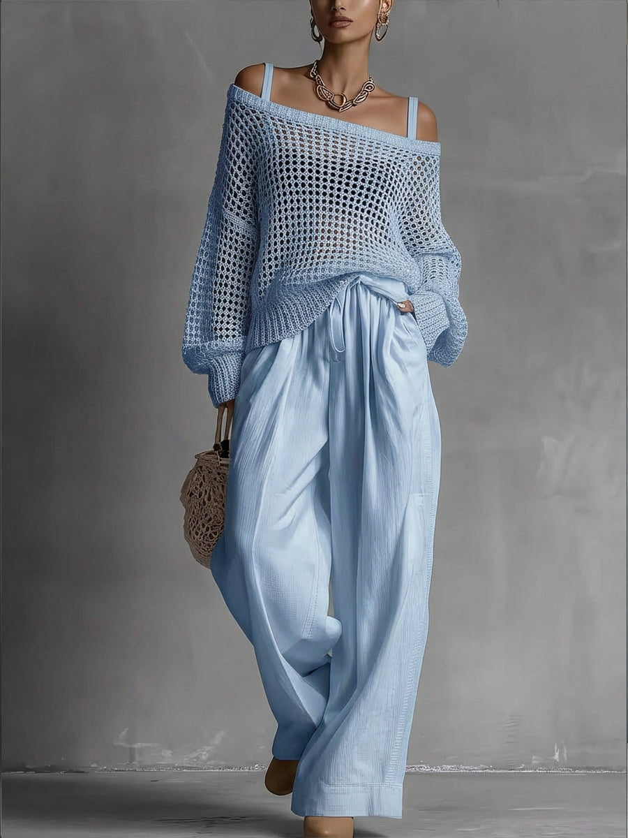 Women's Cozy Openwork Knit Top And Linen-cotton Pants Two-piece Set.