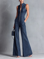 Casual Zipper Sleeveless Denim Flared Jumpsuit