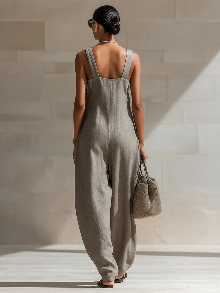 Casual Loose-fit Cotton Wide-leg Overalls