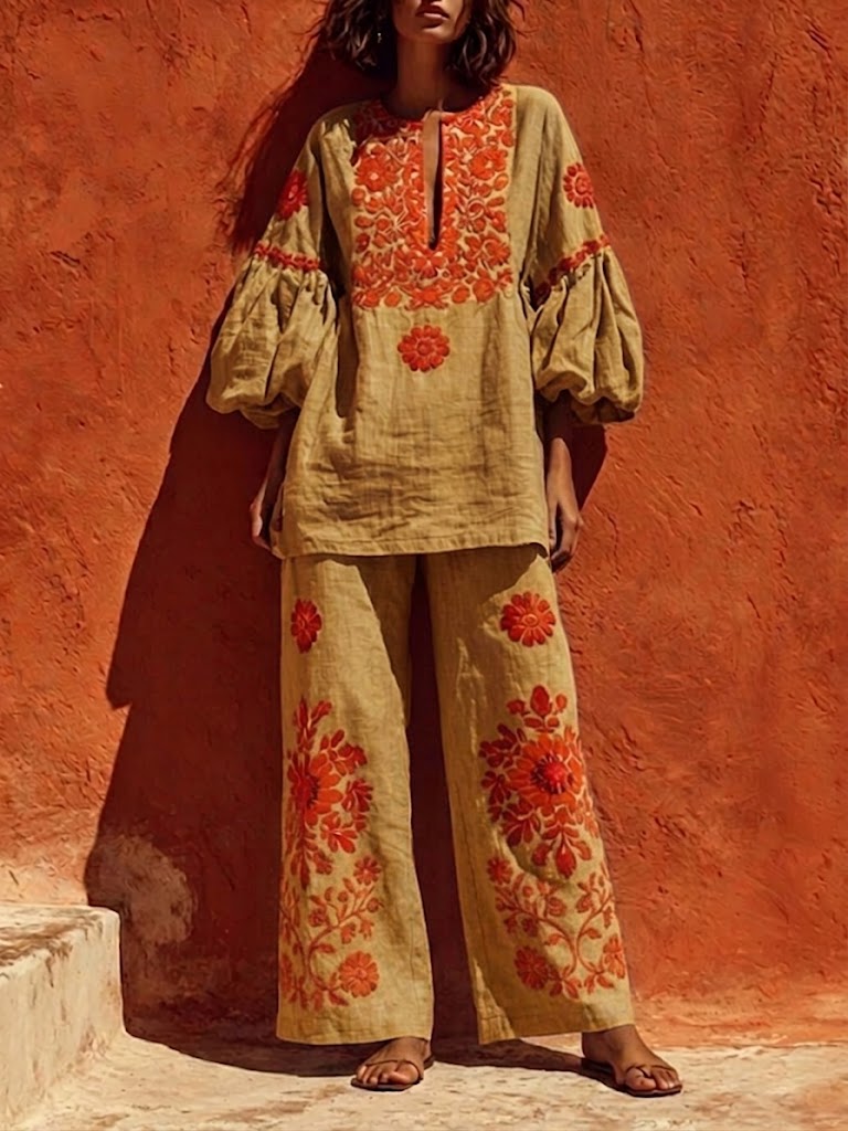 Bohemian Floral Print Linen And Cotton Two-piece Top And Pants Set