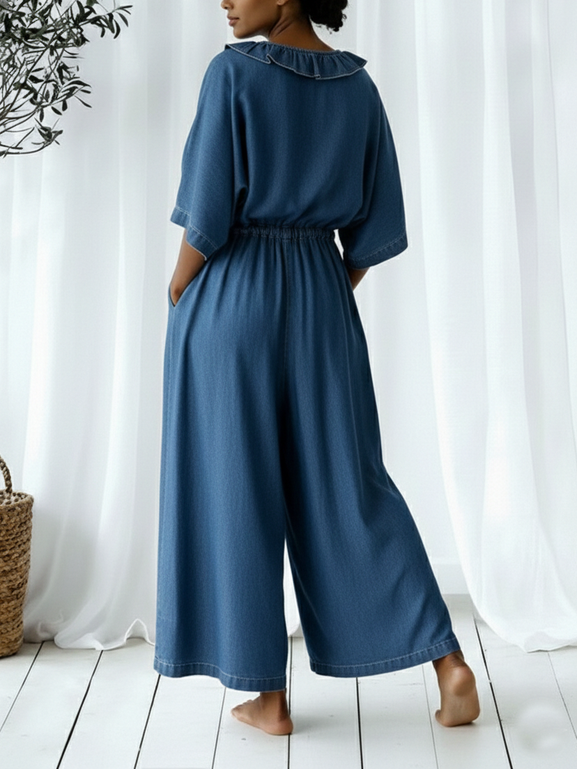 Casual Ruffled Collar Loose Denim Jumpsuit