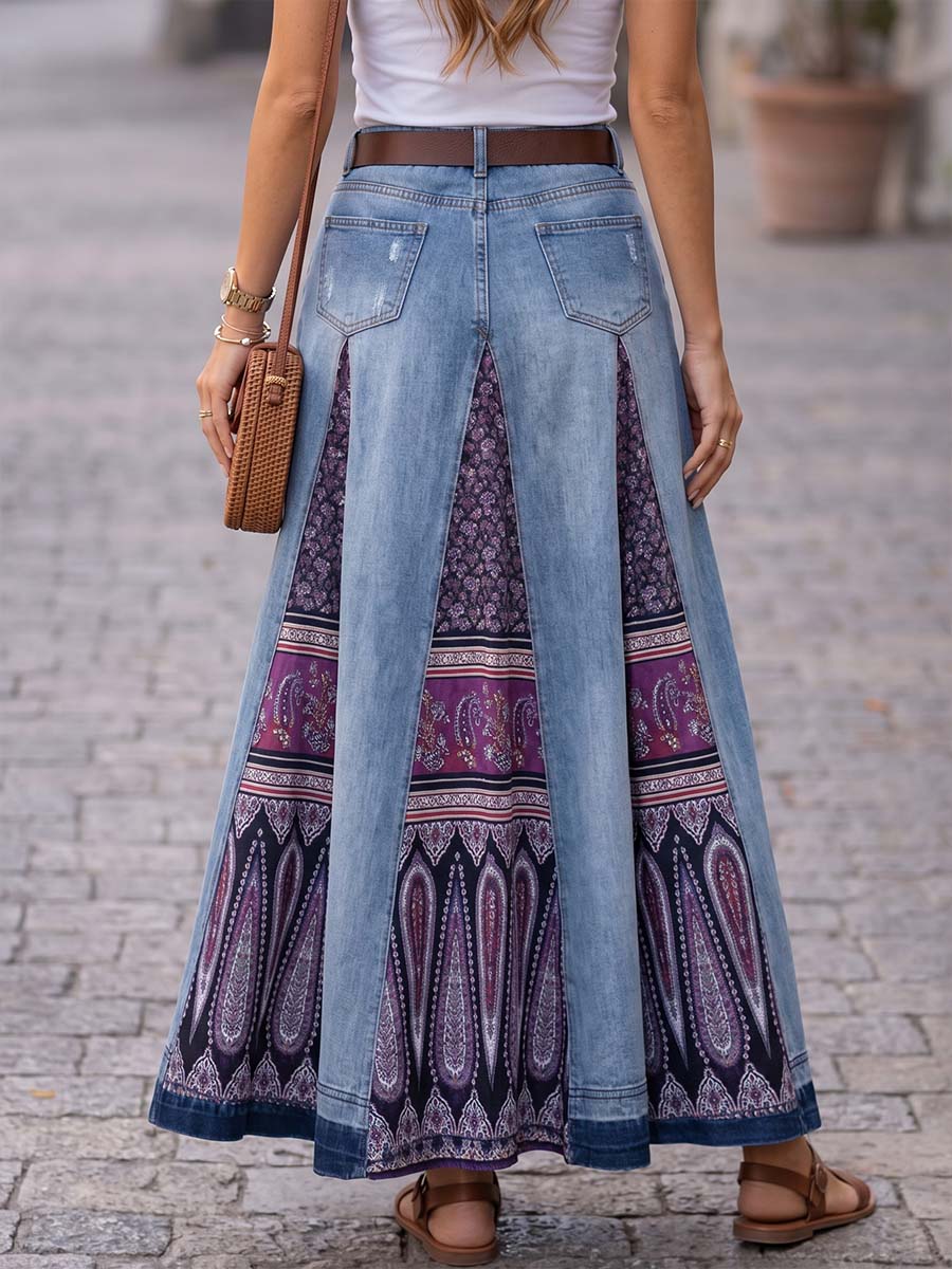 Women's High-waisted Casual Loose-fit Denim Skirt â Printed & Paneled A-line
