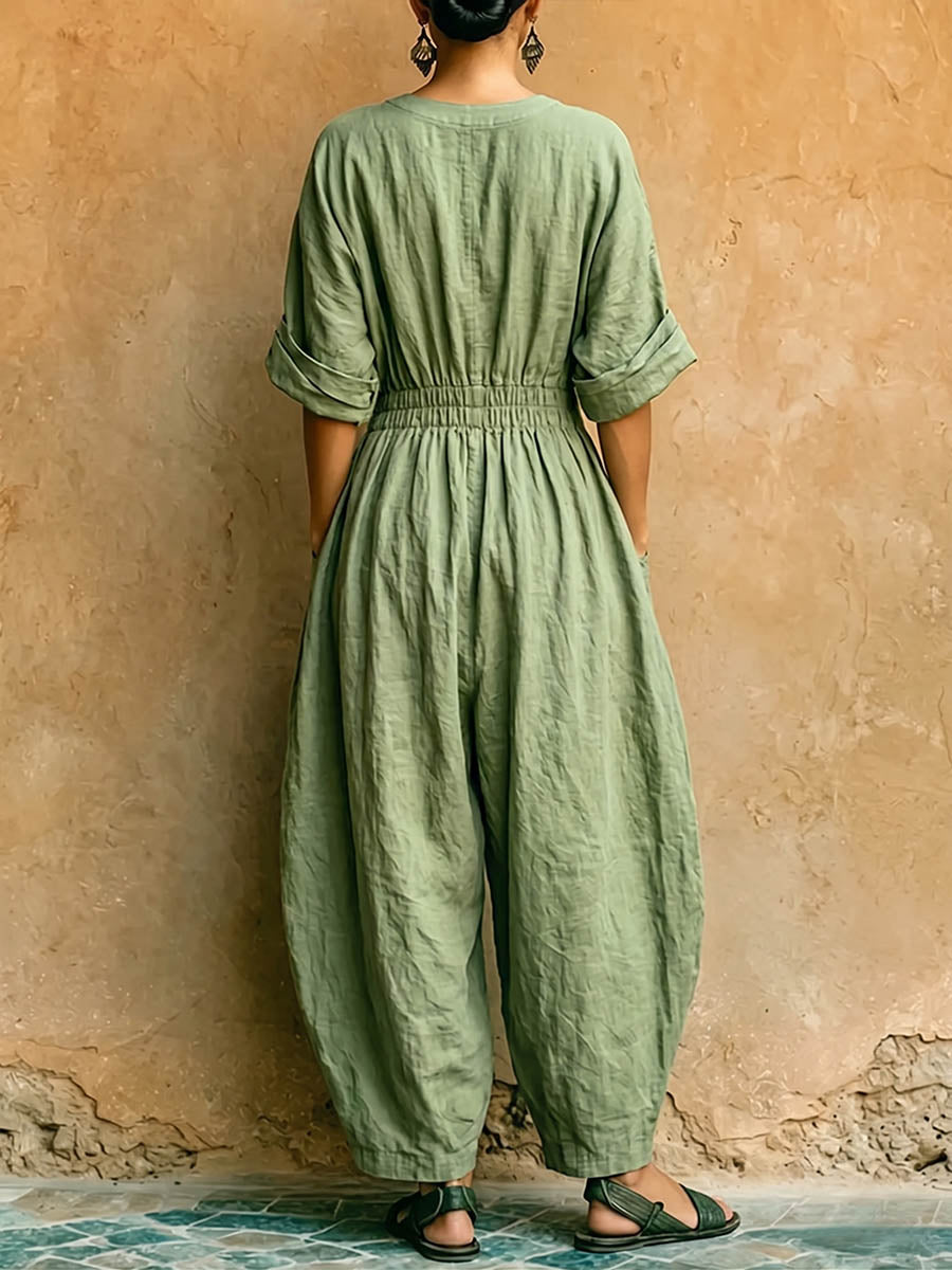 Women's Solid-color V-neck 3/4-sleeve Casual Loose Cotton-linen Wide-leg Jumpsuit