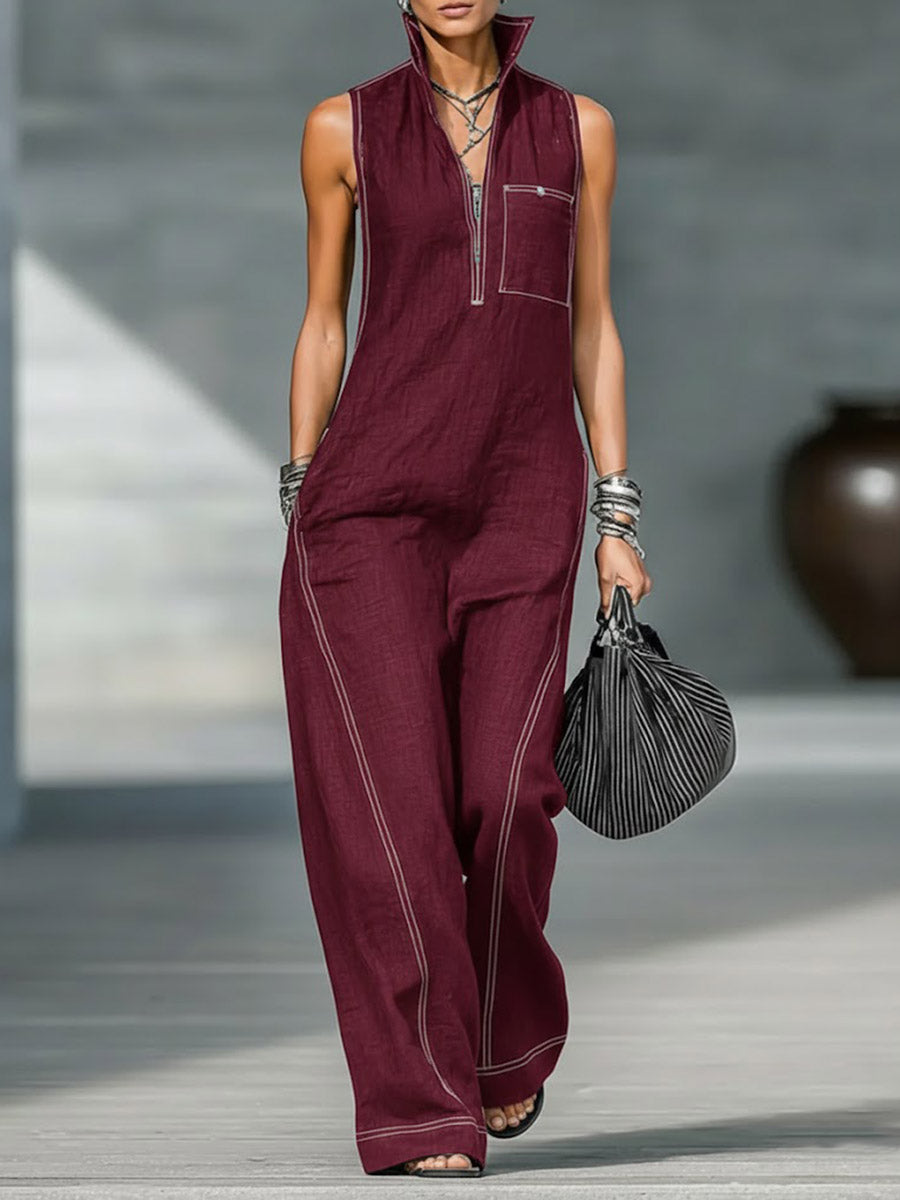 Women's Stand-collar Sleeveless Casual Loose Cotton And Linen Jumpsuit