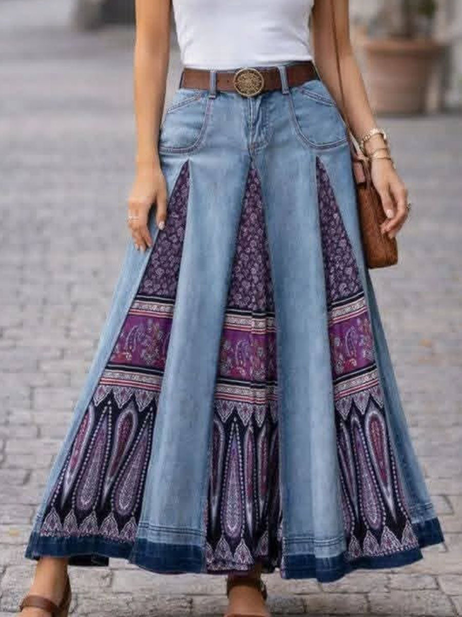 Women's High-waisted Casual Loose-fit Denim Skirt â Printed & Paneled A-line