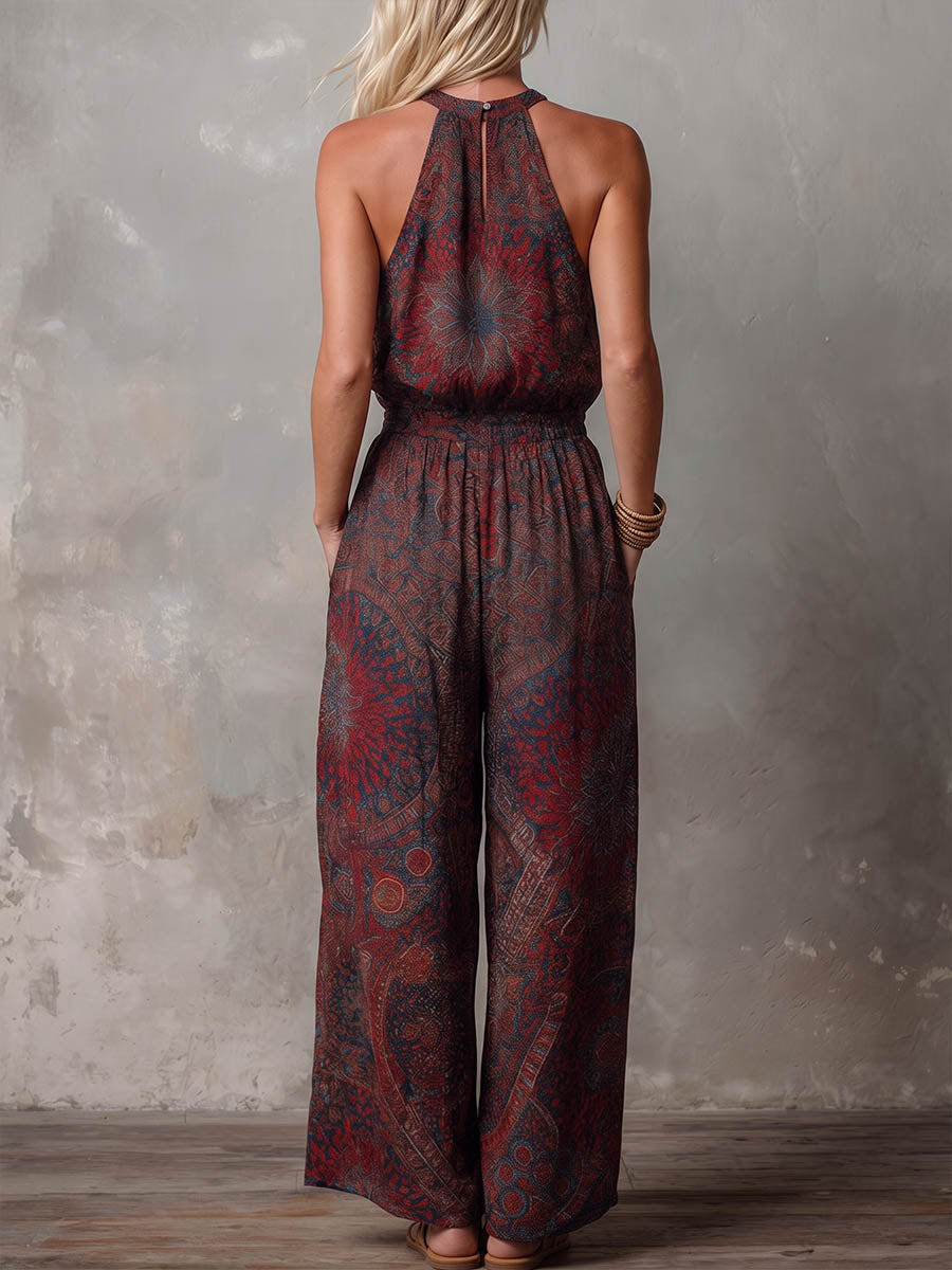 Women's Crew Neck Sleeveless Casual Loose-fit Retro Print Cotton-linen Wide-leg Jumpsuit
