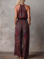 Women's Crew Neck Sleeveless Casual Loose-fit Retro Print Cotton-linen Wide-leg Jumpsuit