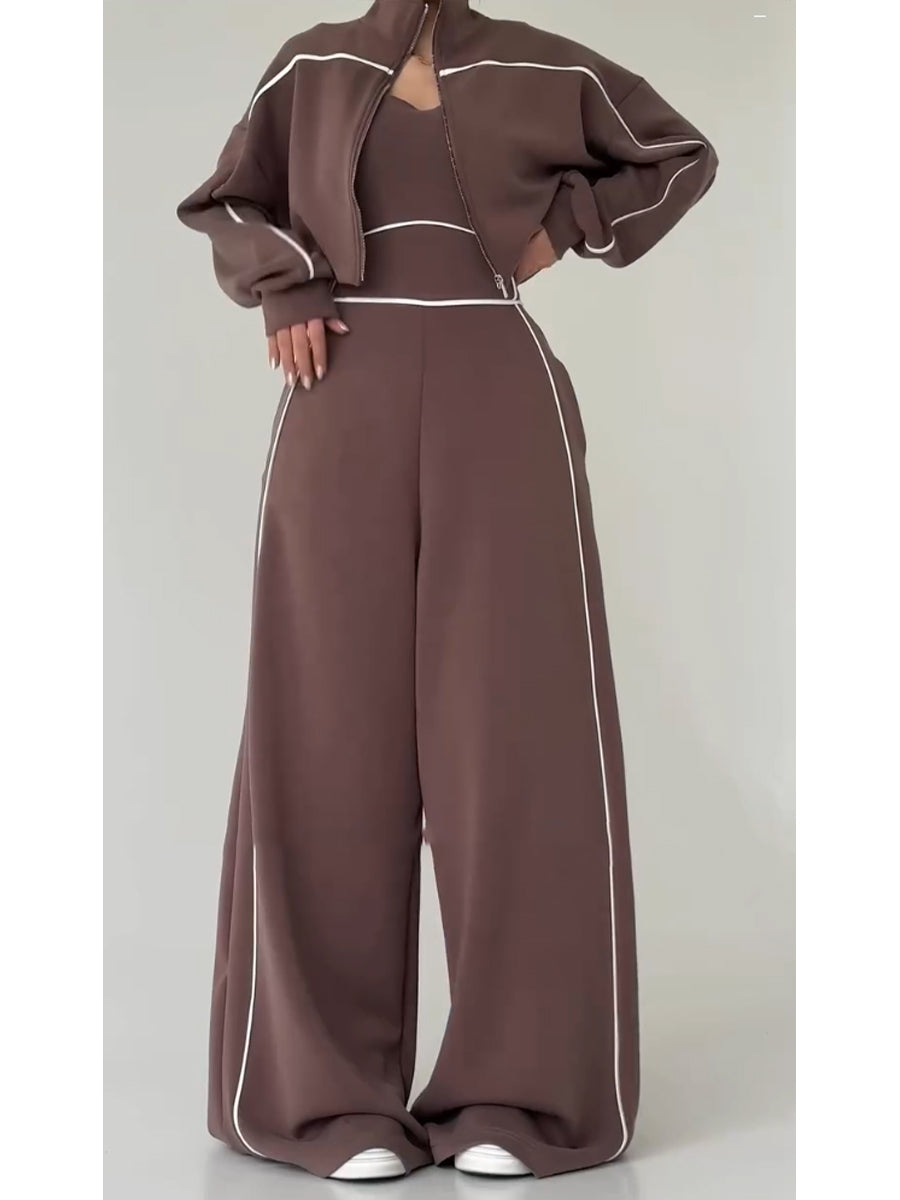 Casual And Cozy Cotton Zip-up Jacket And Jumpsuit Two-piece Set