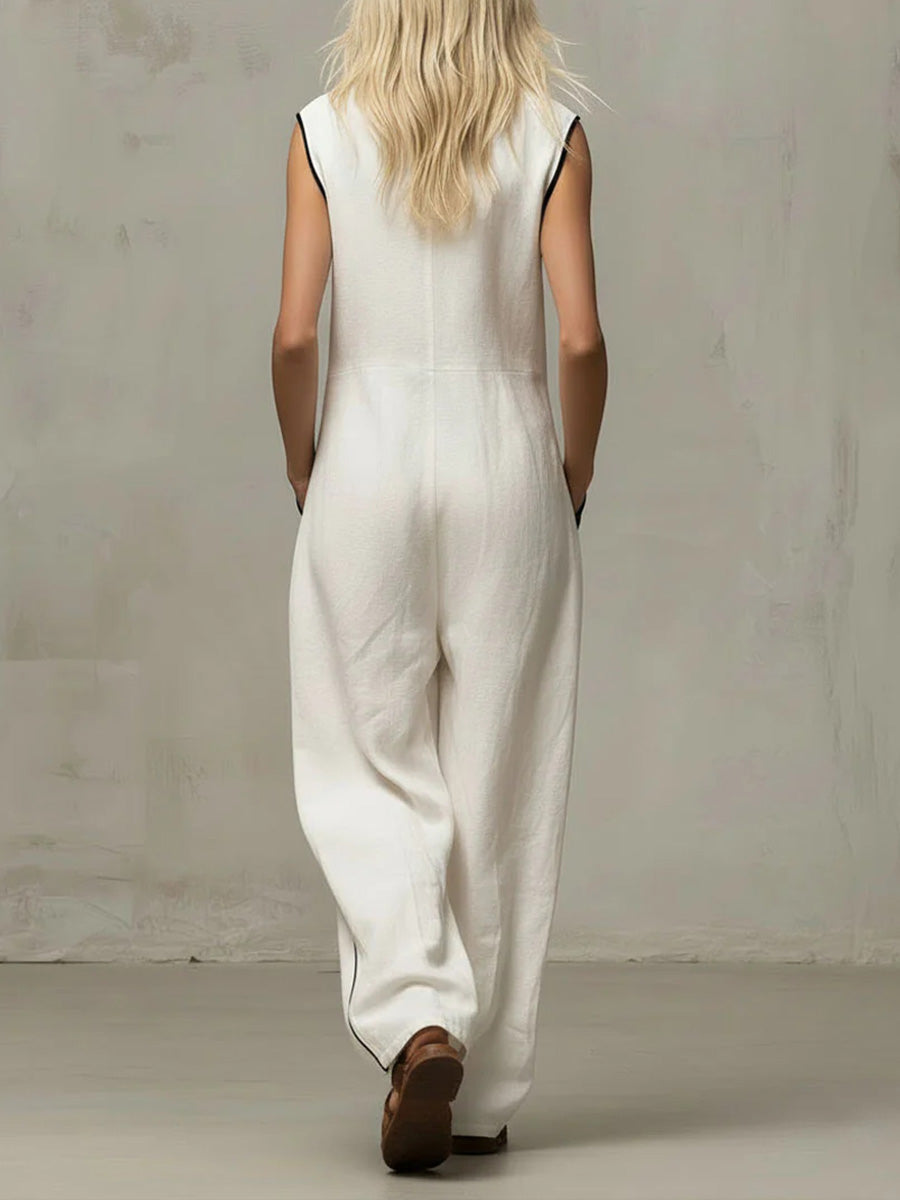 Women's V-neck Sleeveless Casual Loose Wide-leg Cotton And Linen Jumpsuit