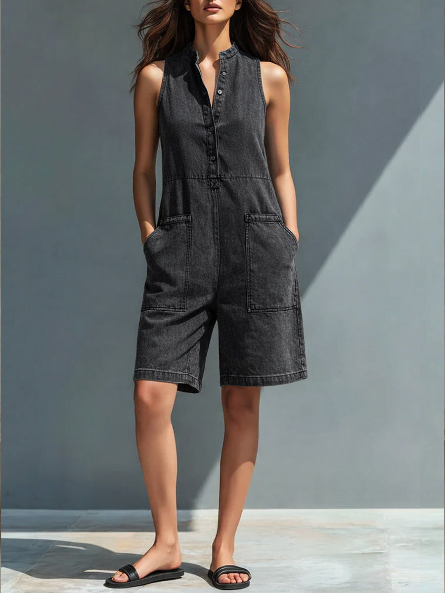 Casual Sleeveless Denim Jumpsuit Shorts