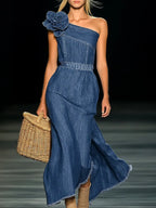 Women's Elegant Strapless Denim Floral Long Dress