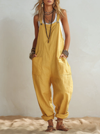 Casual Loose-fit Cotton-linen Overalls Jumpsuit