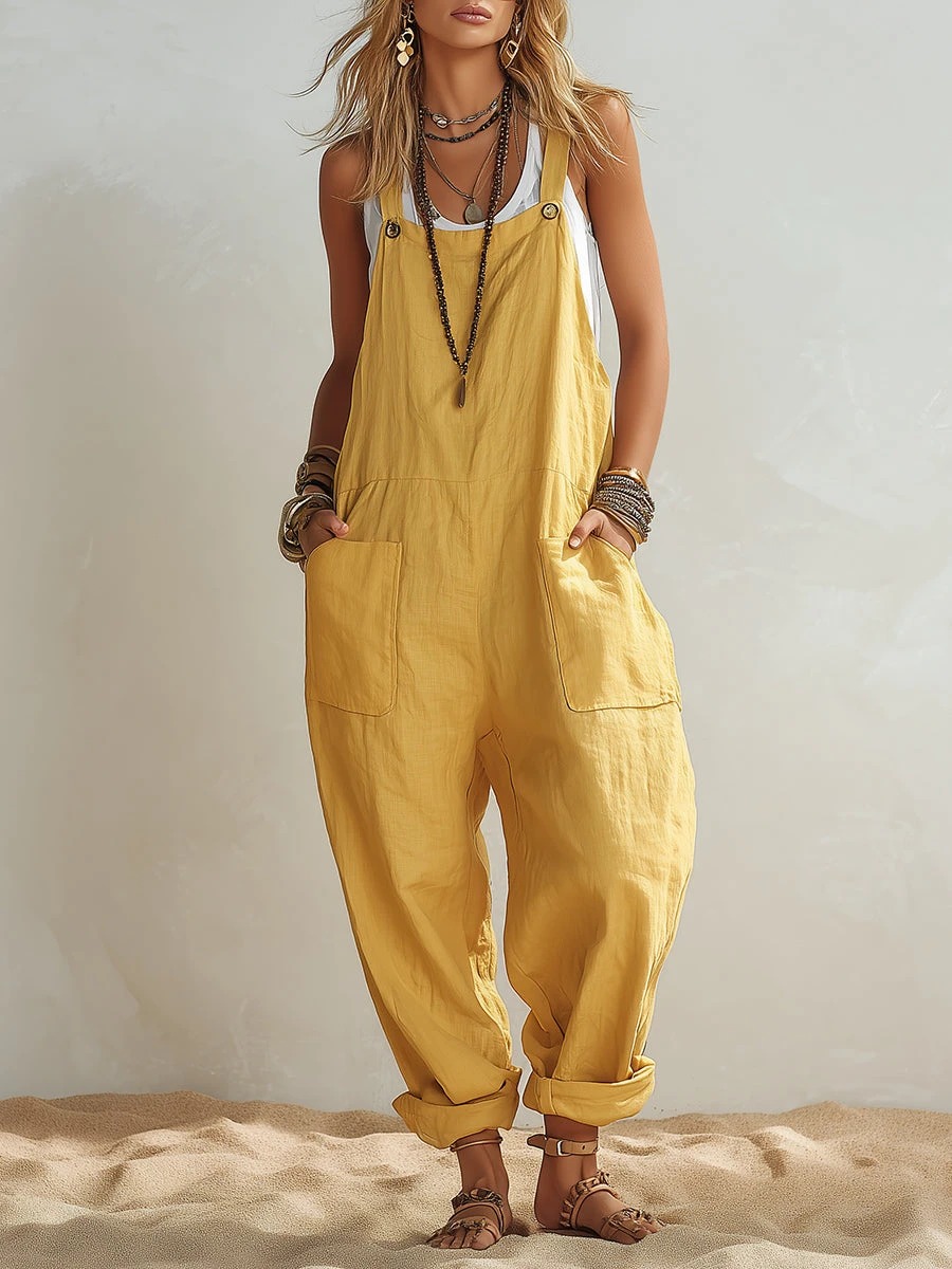 Casual Loose-fit Cotton-linen Overalls Jumpsuit