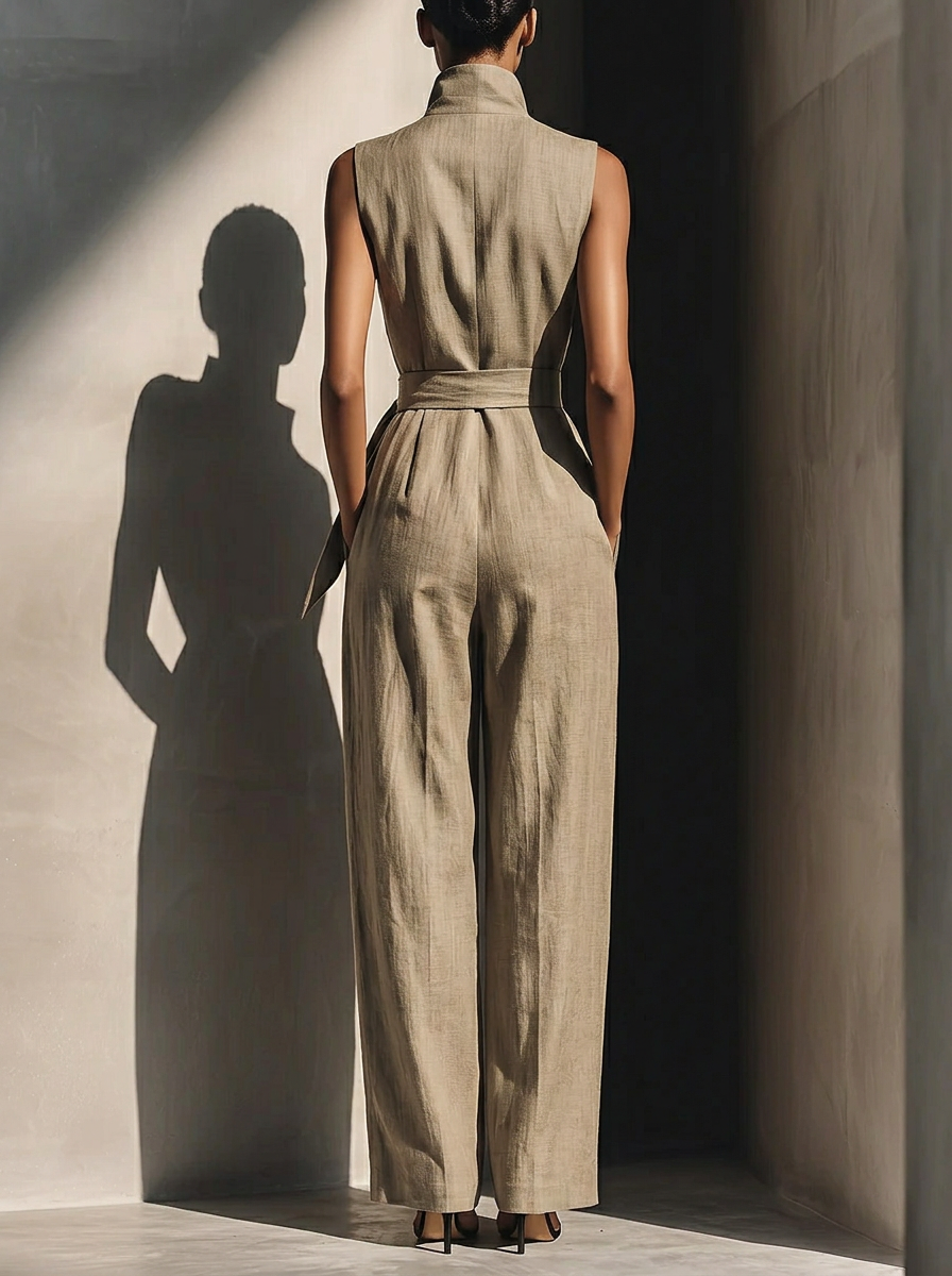 Elegant Collared Sleeveless Linen Cotton Jumpsuit