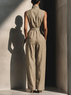 Elegant Collared Sleeveless Linen Cotton Jumpsuit
