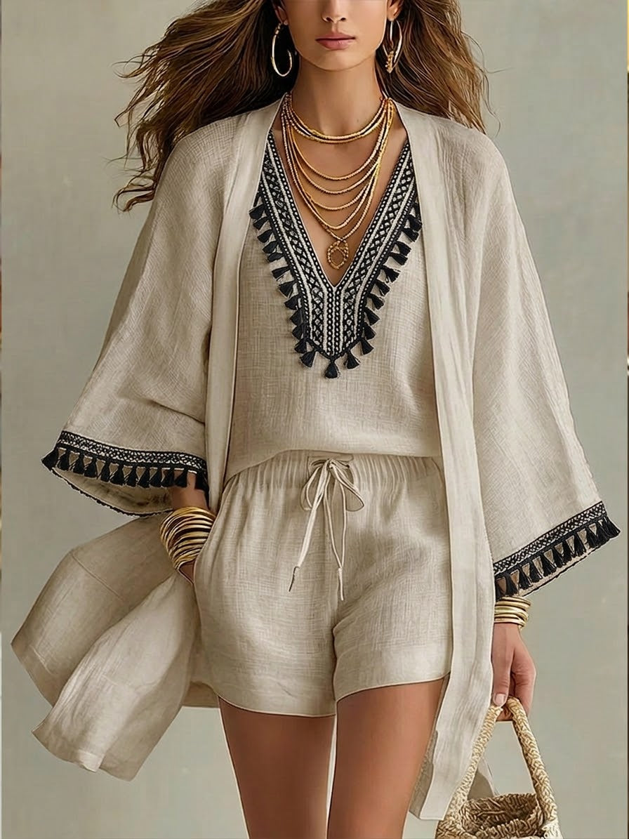 Casual Bohemian Linen And Cotton Cardigan, Sleeveless Top, And Shorts Three-piece Set