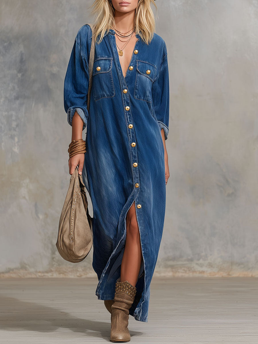 Loose-fitting Double-pocket Button-down Denim Long-sleeved Maxi Dress