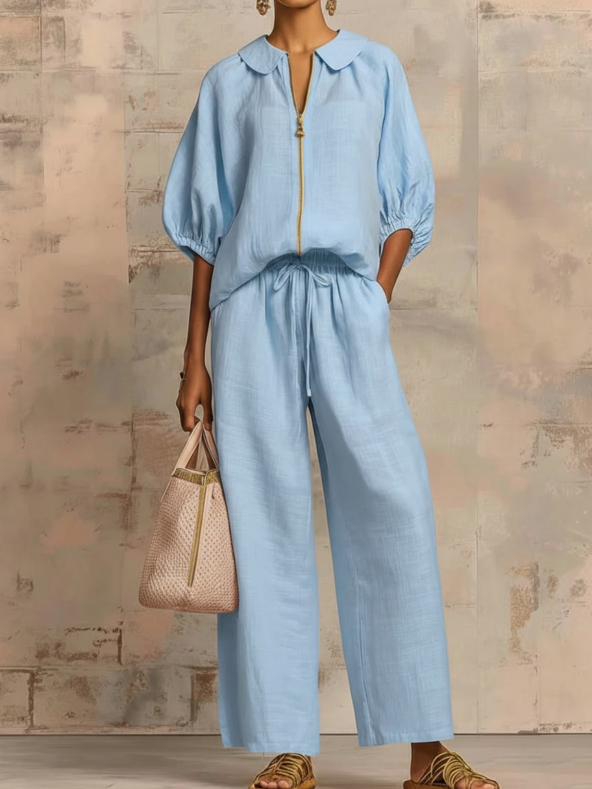 Stylish Peter Pan Collar Zip-up Shirt And Wide-leg Pant Linen Cotton Set