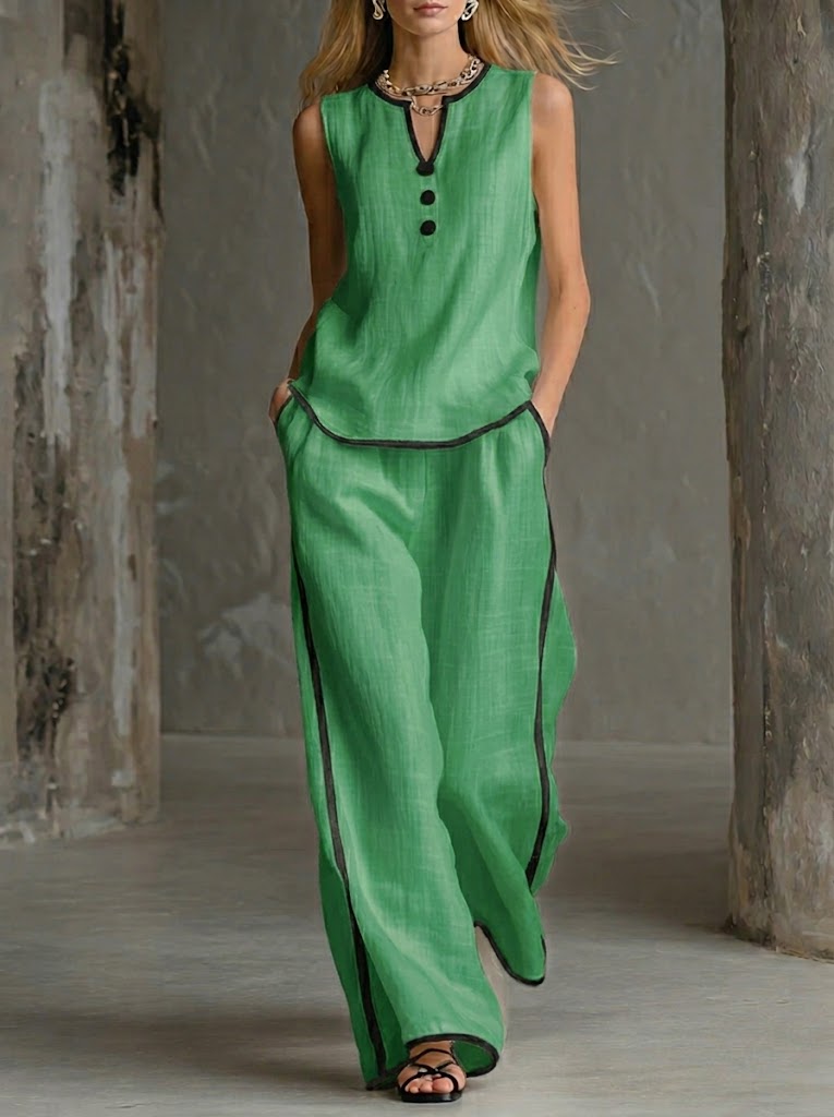 Cozy Black-trimmed Linen And Cotton Sleeveless Top And Pants Two-piece Set