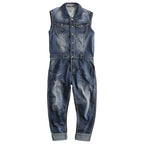 Washed And Worn Denim Straight Loose Fitting Suit Jumpsuit