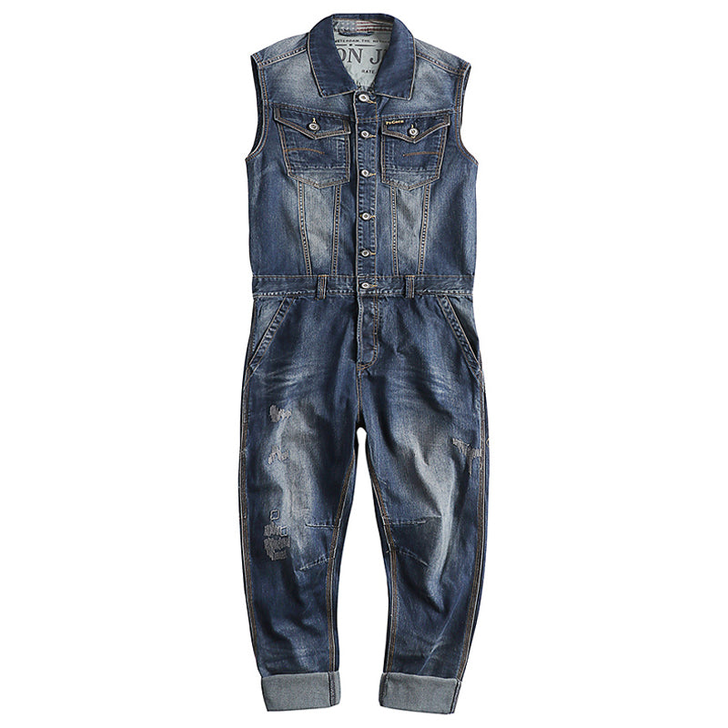Washed And Worn Denim Straight Loose Fitting Suit Jumpsuit