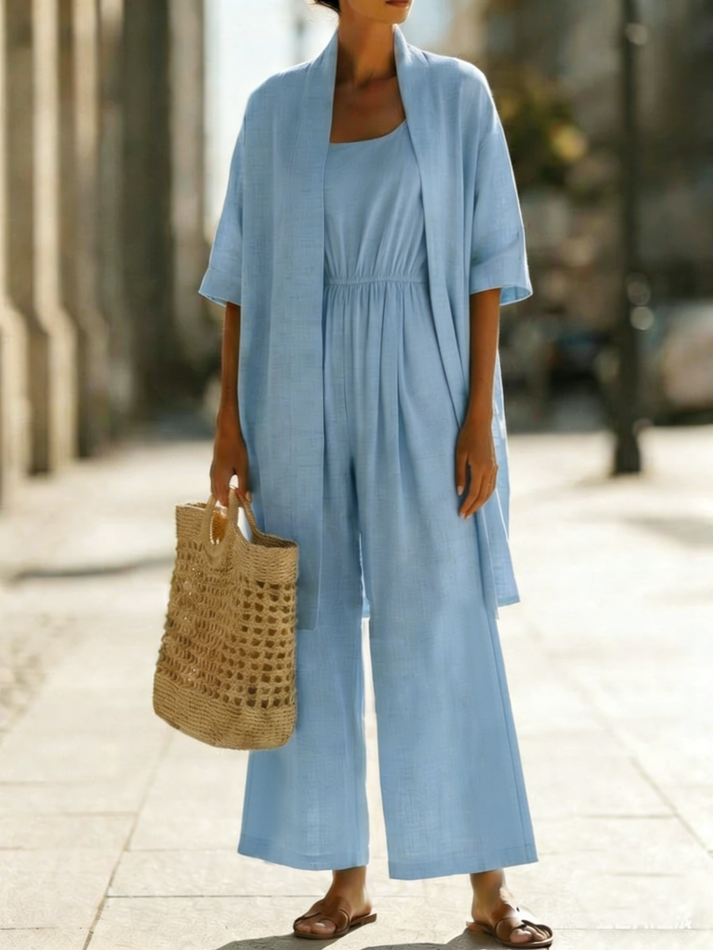 Minimalist Cozy Jumpsuit And Cardigan Linen Cotton Two-piece Set