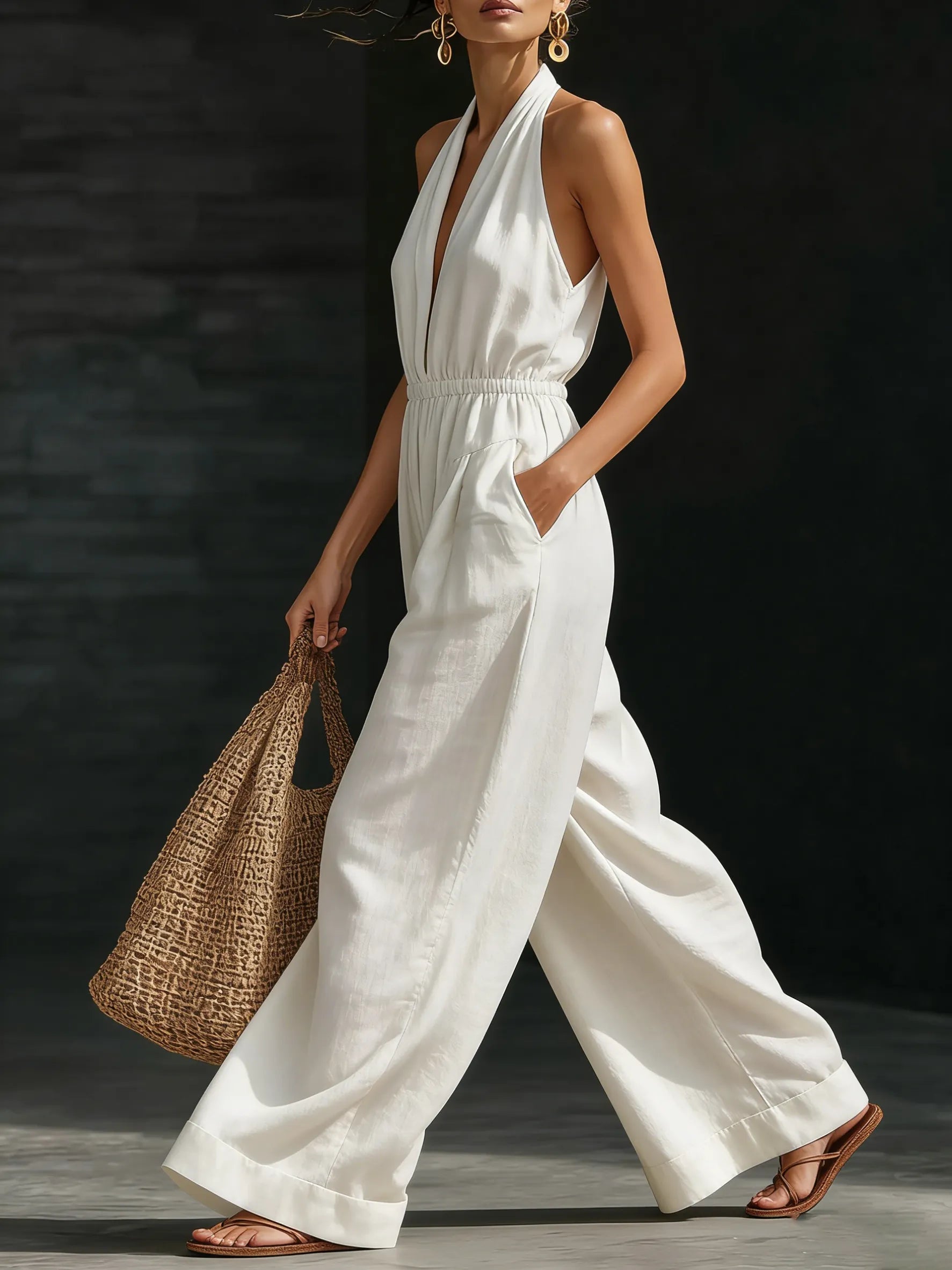 Minimalist And Elegant Halter-neck Wide-leg Linen Jumpsuit