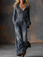 Retro Front Zipper Gray-blue Denim Hooded Jumpsuit