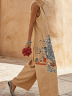 Retro Floral Print Zip-front Wide-leg Cotton-linen Jumpsuit