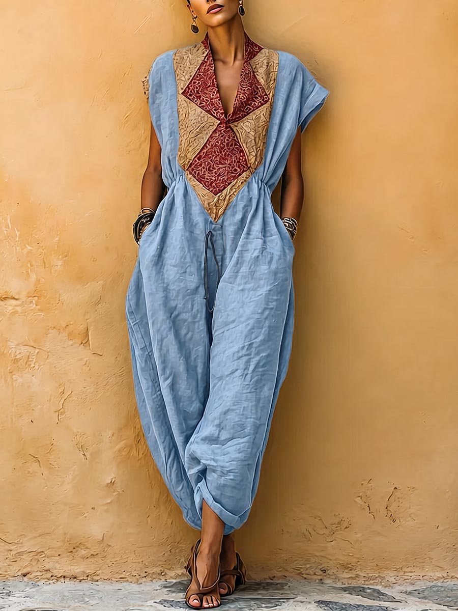 Women's V-neck Sleeveless Casual Loose Cotton-linen Jumpsuit With Placement Print
