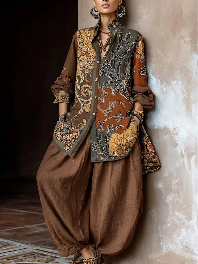 Bohemian-print Linen And Cotton Shirt And Pants Two-piece Set