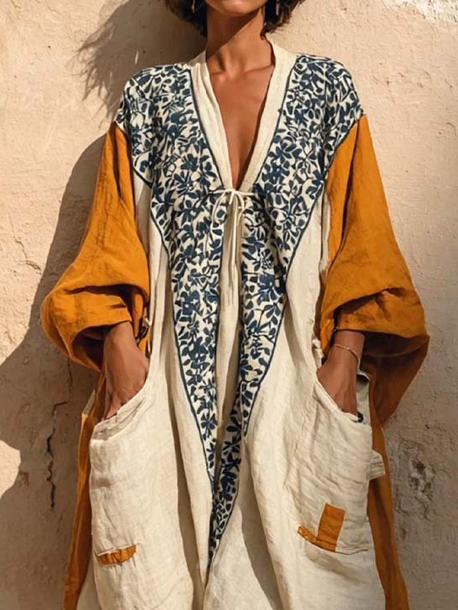 Women's Vintage Art Print V-neck Long Sleeve Cotton Linen Jumpsuit