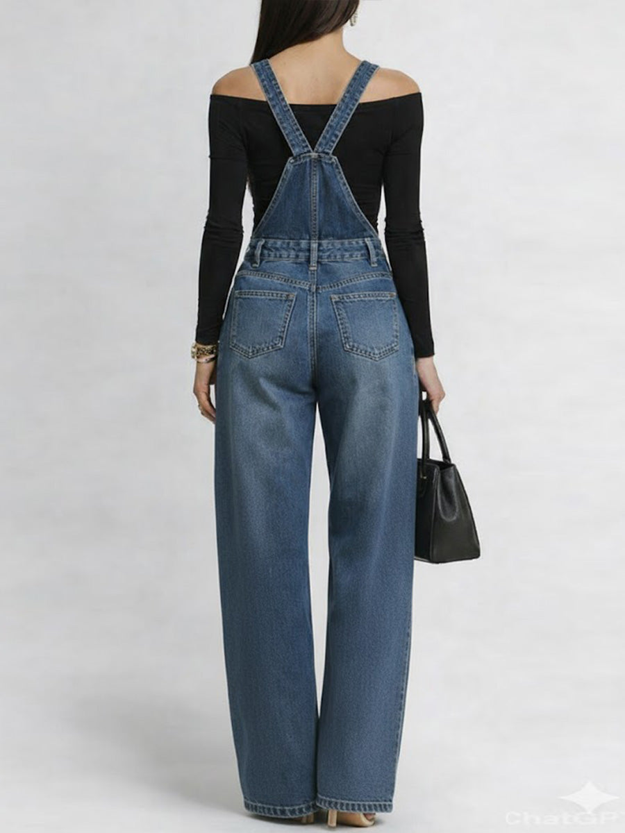 Women's Casual Loose Denim Overalls Wide-leg Jumpsuit