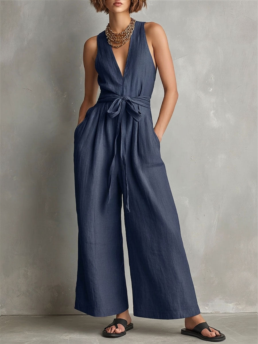 Women's Solid-color V-neck Sleeveless Casual Loose Cotton-linen Wide-leg Jumpsuit