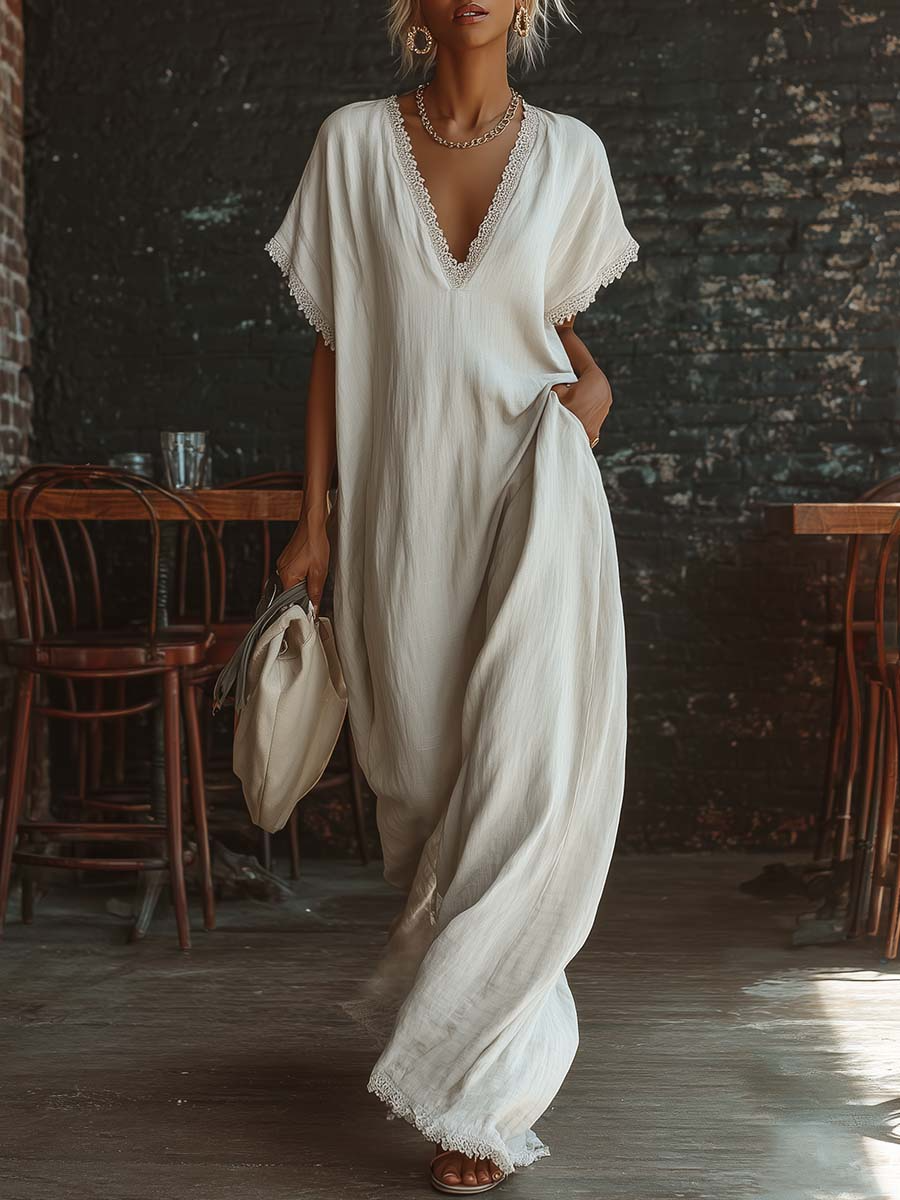 Elegant Cozy Lace-trimmed Loose Linen-cotton Maxi Dress