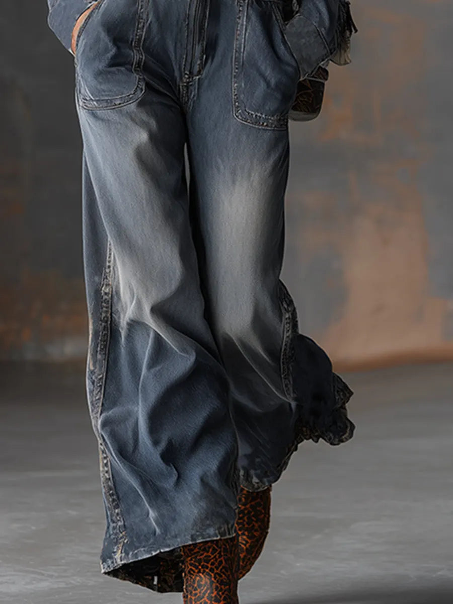 Retro Front Zipper Gray-blue Denim Hooded Jumpsuit