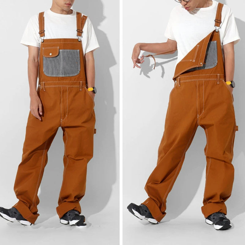 American Style Patchwork Striped Loose Vintage Wide Leg Bib Overalls