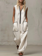 Women's V-neck Sleeveless Casual Loose Wide-leg Cotton And Linen Jumpsuit