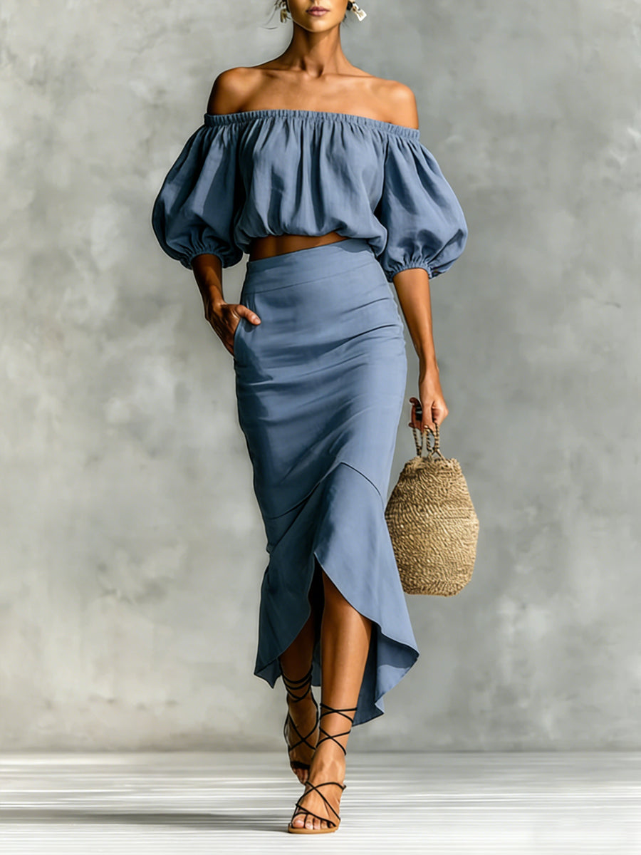 Women's Minimalist Cotton-linen Blend Off-shoulder Skirt Set