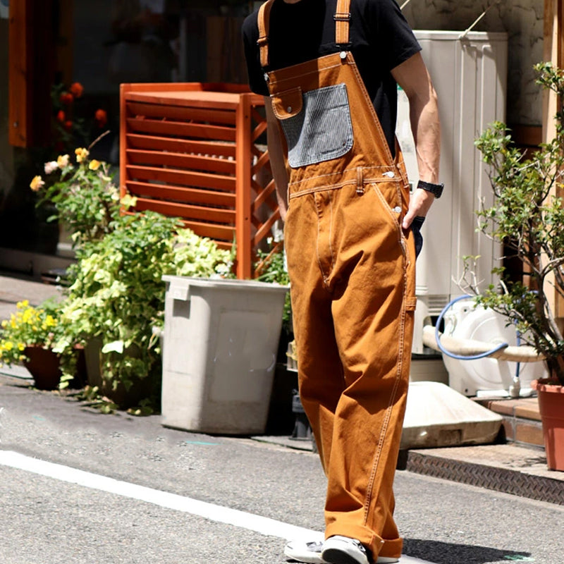 American Style Patchwork Striped Loose Vintage Wide Leg Bib Overalls